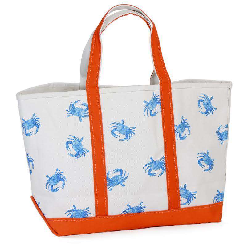 Large Tote Bag in White With Blue Crabs by Crabberrie - Country Club Prep