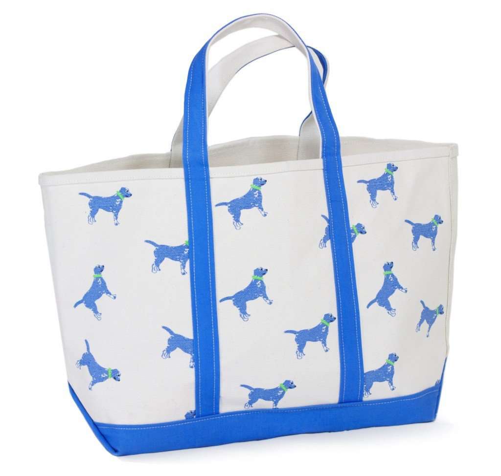 Large Tote Bag in White With Blue Dogs by Crabberrie - Country Club Prep