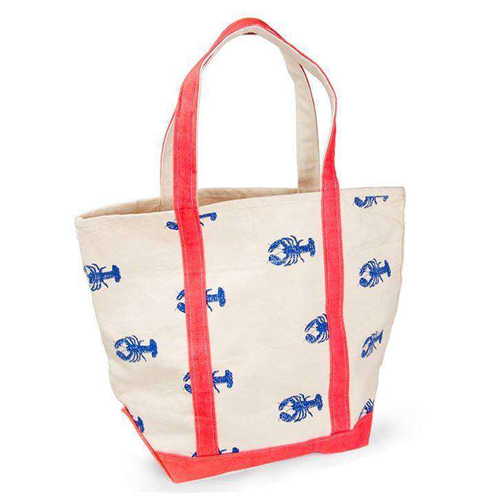 Large Tote Bag in White With Blue Lobsters by Crabberrie - Country Club Prep