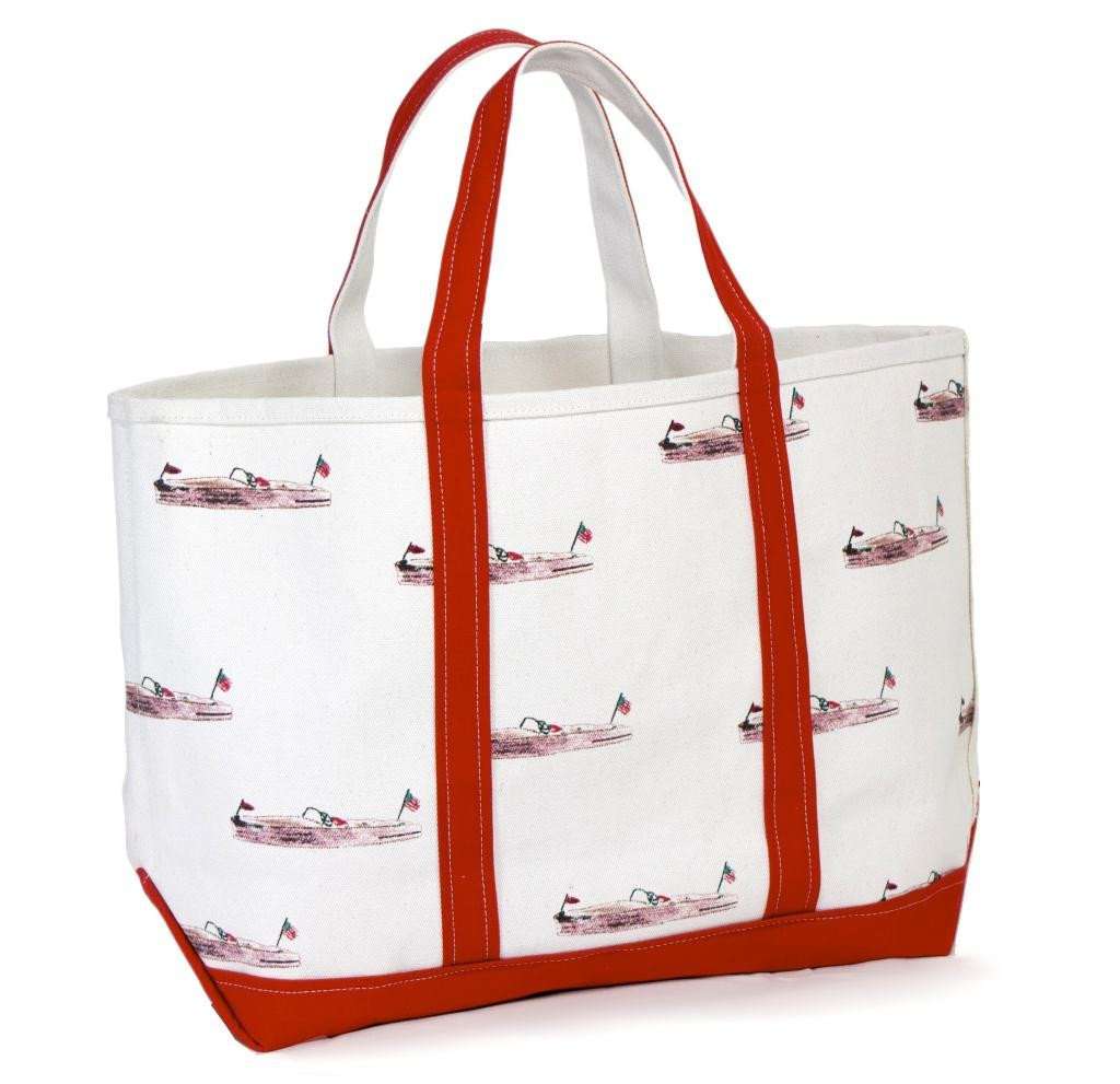 Large Tote Bag in White With Pink Boats by Crabberrie - Country Club Prep
