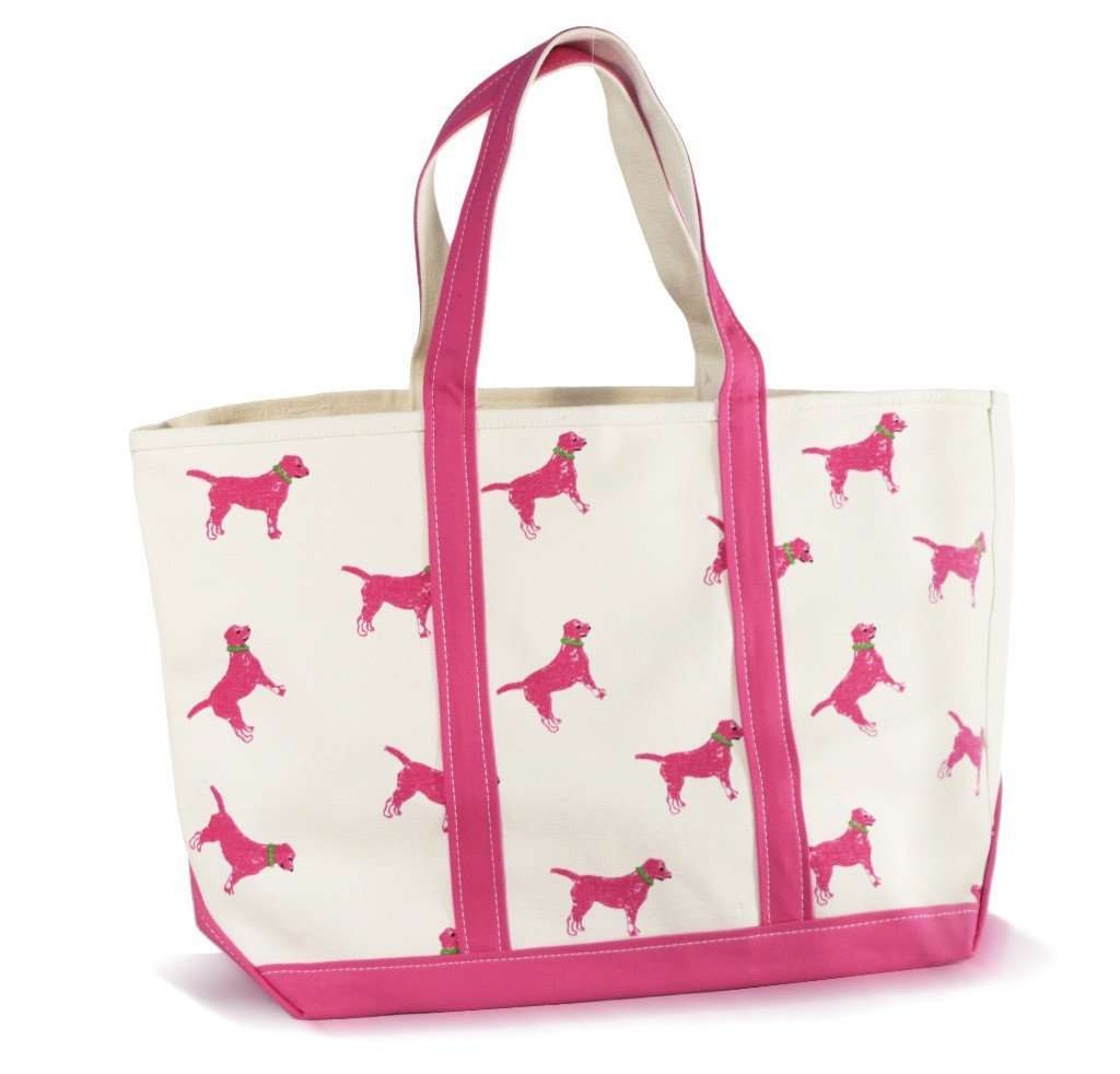 Large Tote Bag in White With Pink Dogs by Crabberrie - Country Club Prep
