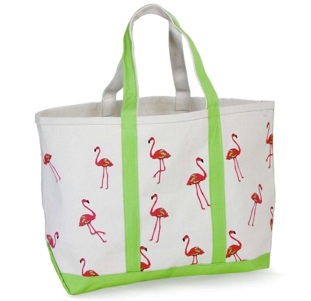 Large Tote Bag in White With Pink Flamingos by Crabberrie - Country Club Prep