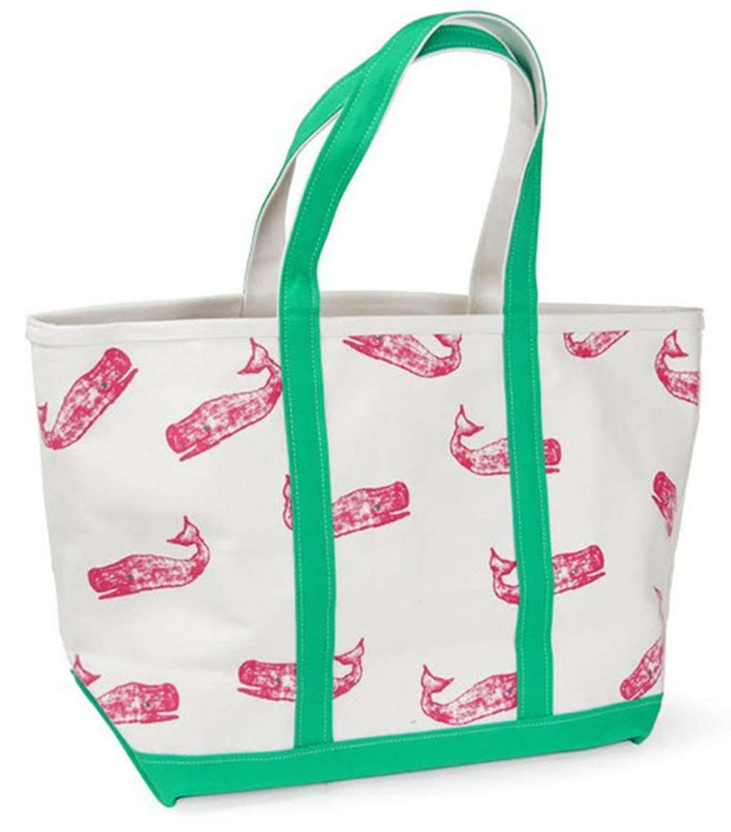 Large Tote Bag in White With Pink Whales by Crabberrie - Country Club Prep
