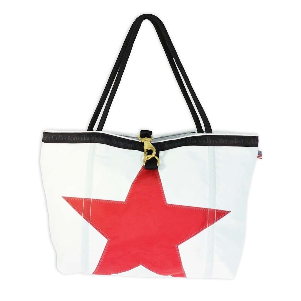 Medium Rope Tote Bag in White With Red Star by Ella Vickers - Country Club Prep