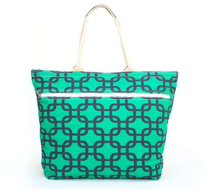 Navy and Green Link Zipper Tote by Queen Lane - Country Club Prep