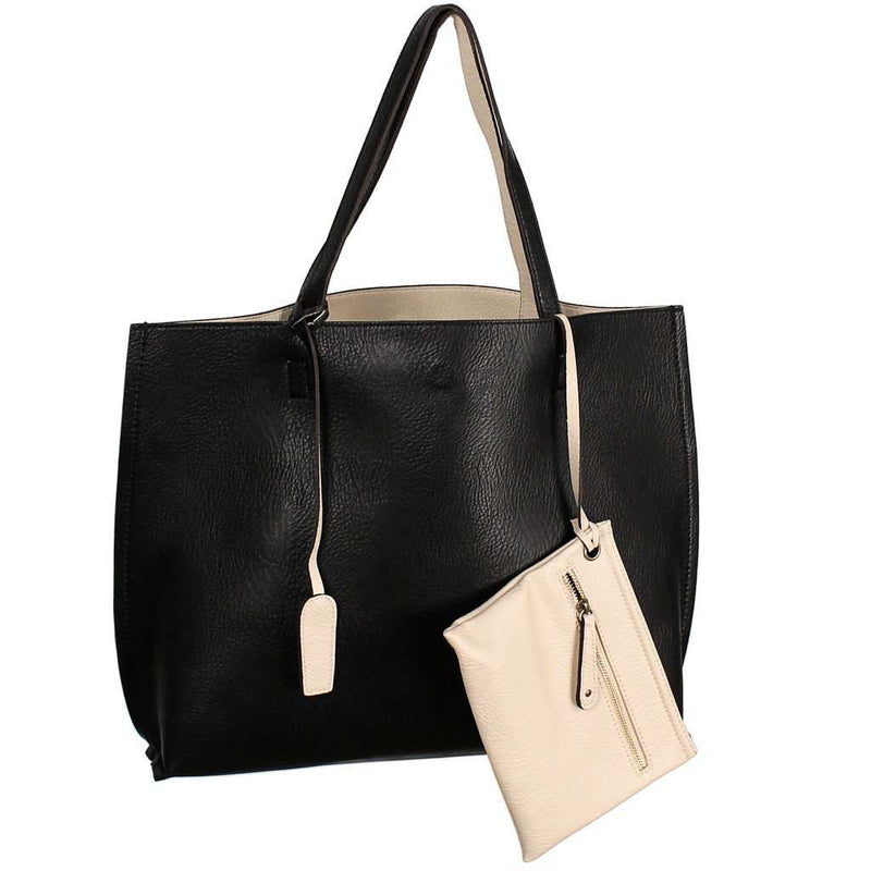 Reversible Faux Leather Tote & Wristlet in Black/Ivory by Street Level - Country Club Prep
