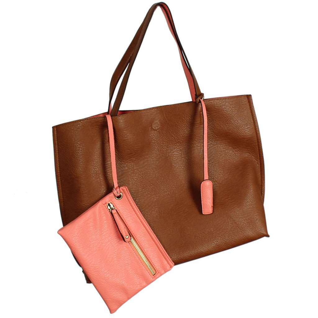 Reversible Faux Leather Tote & Wristlet in Brown/Salmon by Street Level - Country Club Prep