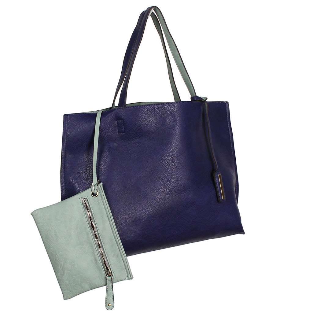 Reversible Faux Leather Tote & Wristlet in Cobalt/Mint by Street Level - Country Club Prep
