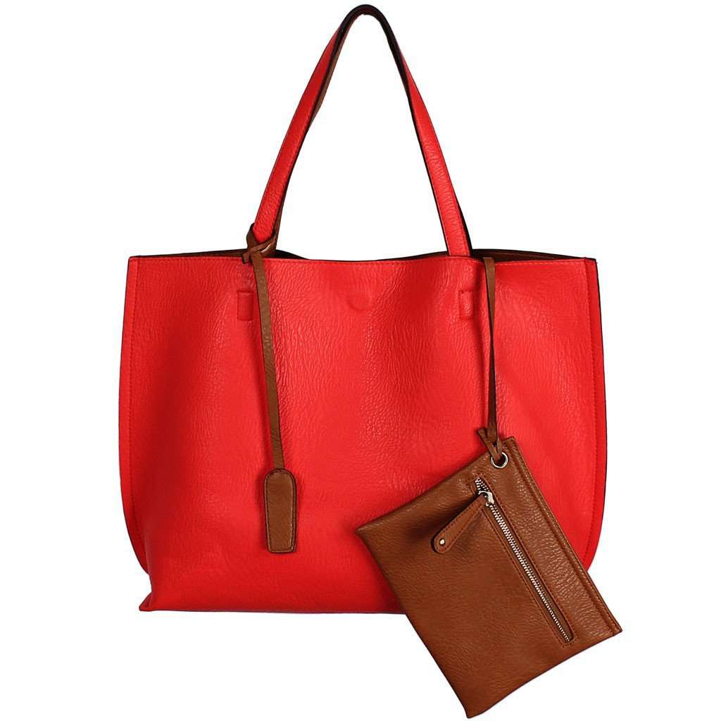 Reversible Faux Leather Tote & Wristlet in Coral/Brown by Street Level - Country Club Prep