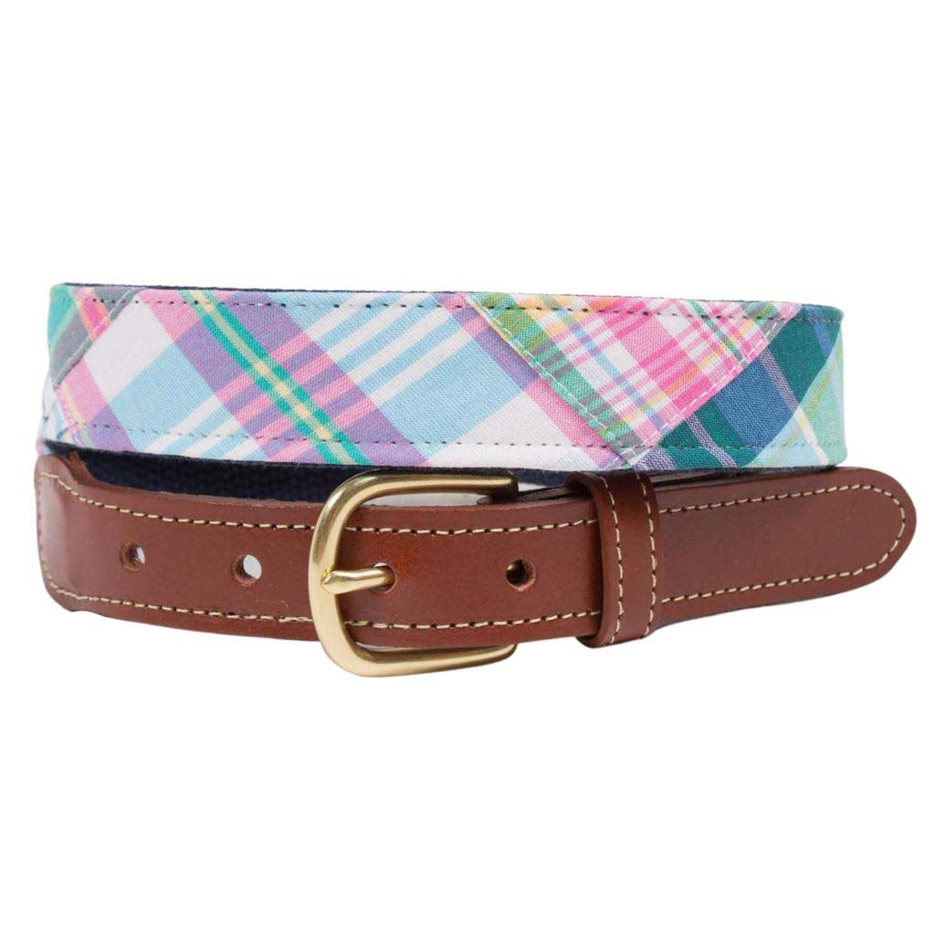 Tybee Island Patch Madras Leather Tab Belt by Country Club Prep - Country Club Prep