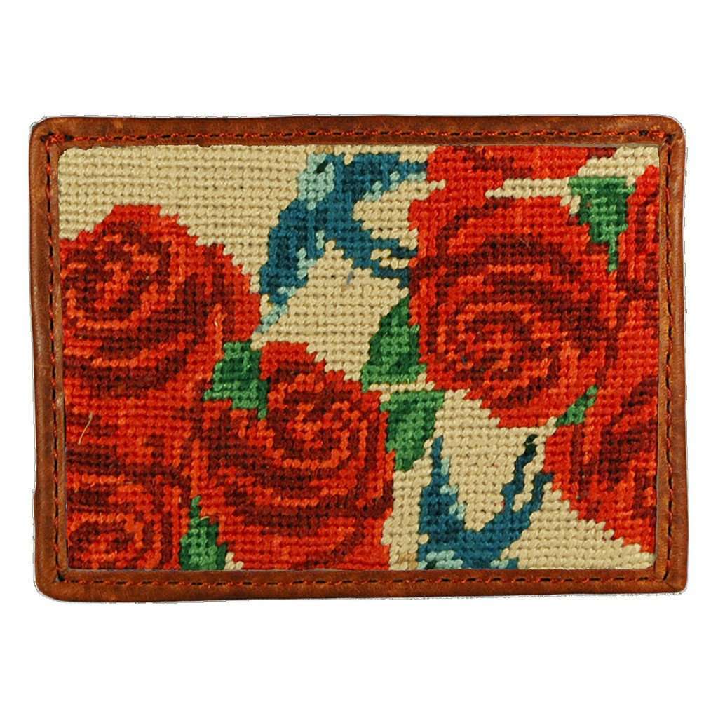 Rose Print Needlepoint Credit Card Wallet in Khaki by Smathers & Branson - Country Club Prep