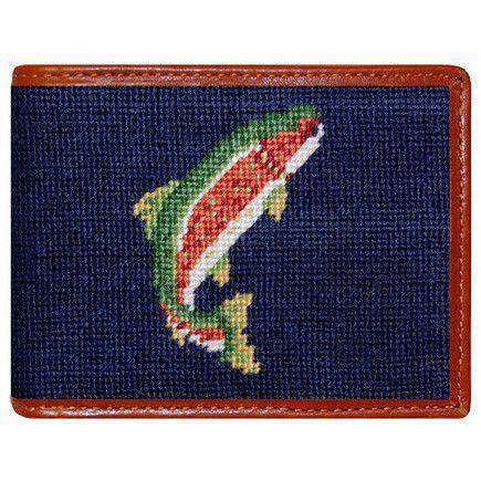 Trout and Fly Needlepoint Wallet in Navy by Smathers & Branson - Country Club Prep