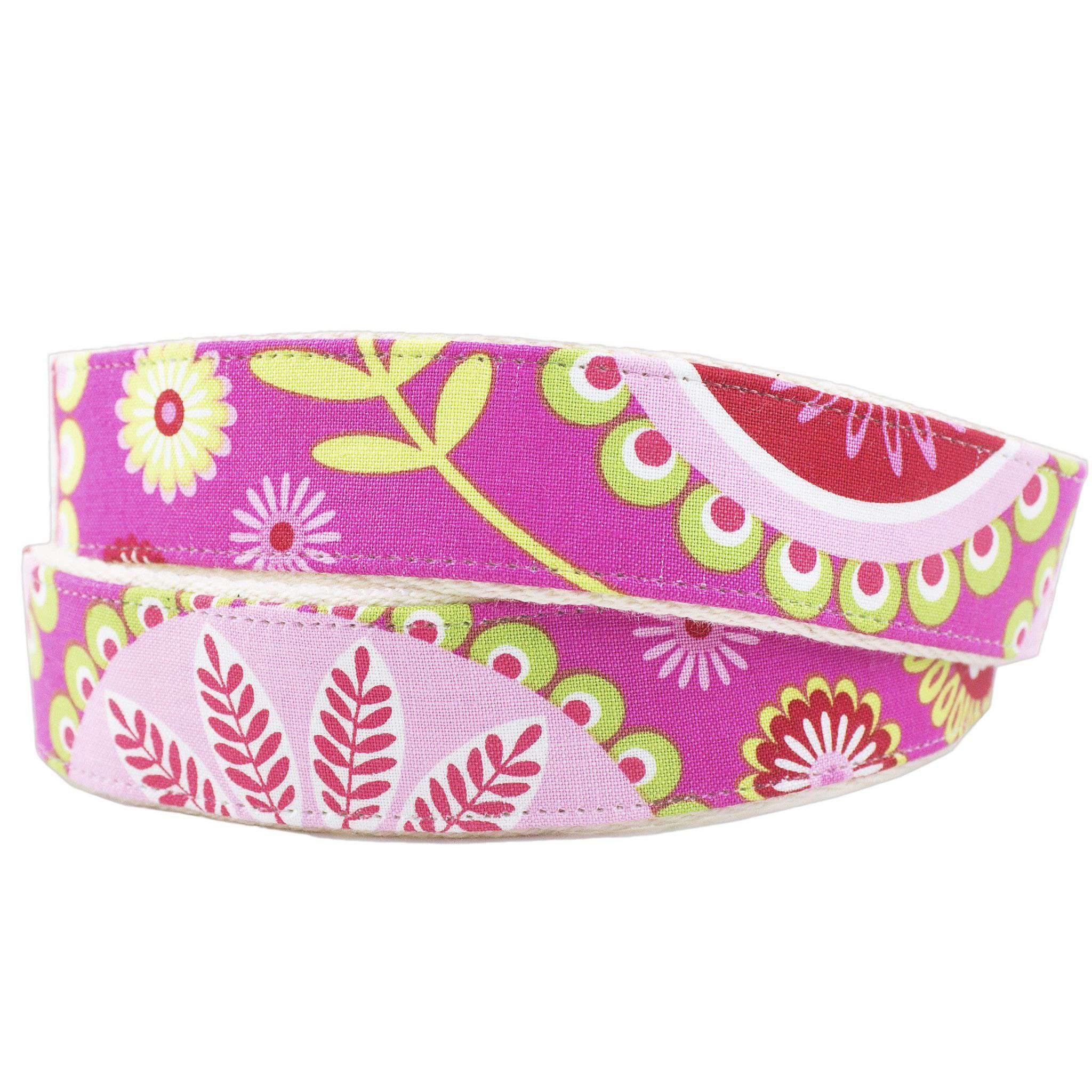 Pink Paisley Leather Tab Belt on Natural Canvas by Country Club Prep - Country Club Prep