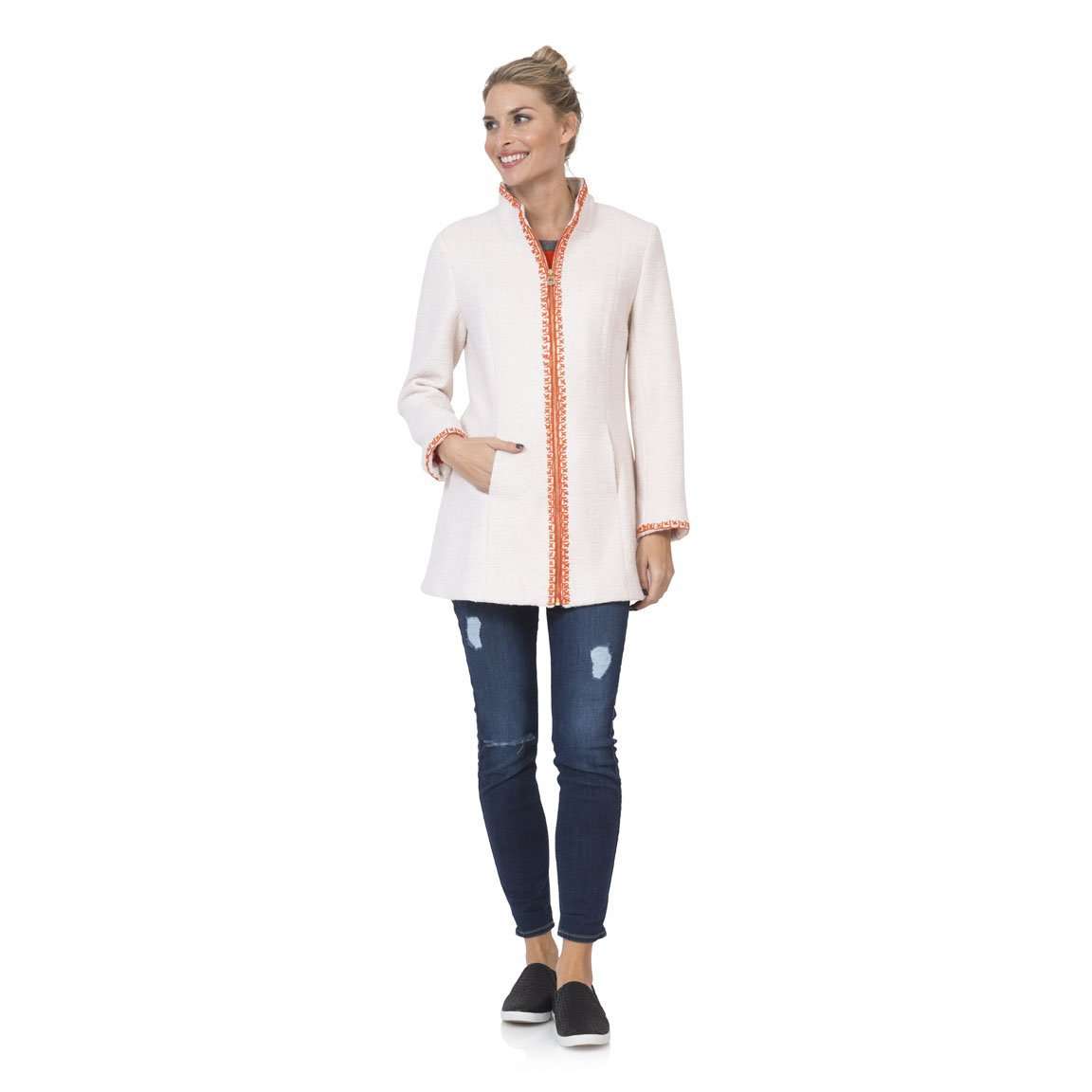 Hand-Embroidered Boucle Zip Coat in Creme by Sail to Sable - Country Club Prep