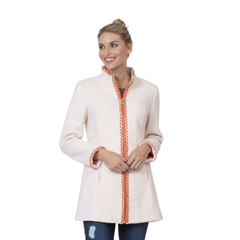 Hand-Embroidered Boucle Zip Coat in Creme by Sail to Sable - Country Club Prep