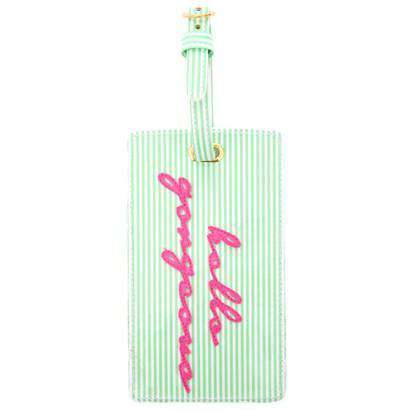 Luggage Tag in Green Stripe with Pink Hello Gorgeous by Lolo - Country Club Prep