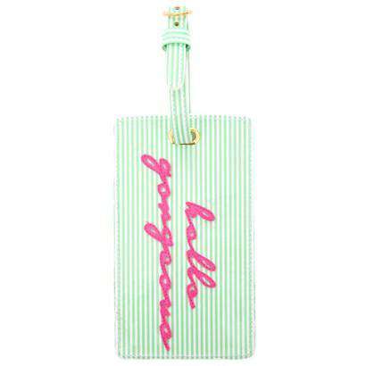 Luggage Tag in Green Stripe with Pink Hello Gorgeous by Lolo - Country Club Prep