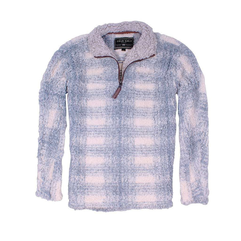 Frosty Tipped Big Plaid Pile 1/4 Zip Pullover in Blue by True Grit - Country Club Prep