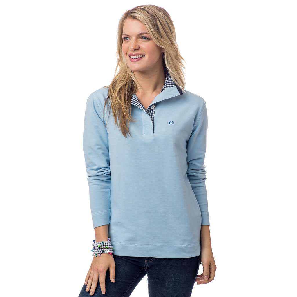 Gingham Trimmed Skiptide Pullover in Sky Blue by Southern Tide - Country Club Prep