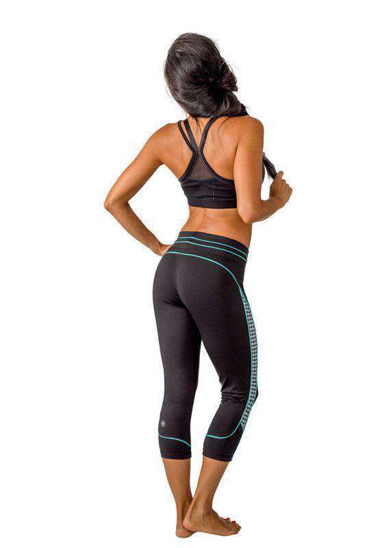 Hound Around Yoga Capris in Black with Aqua by Devon Maryn - Country Club Prep