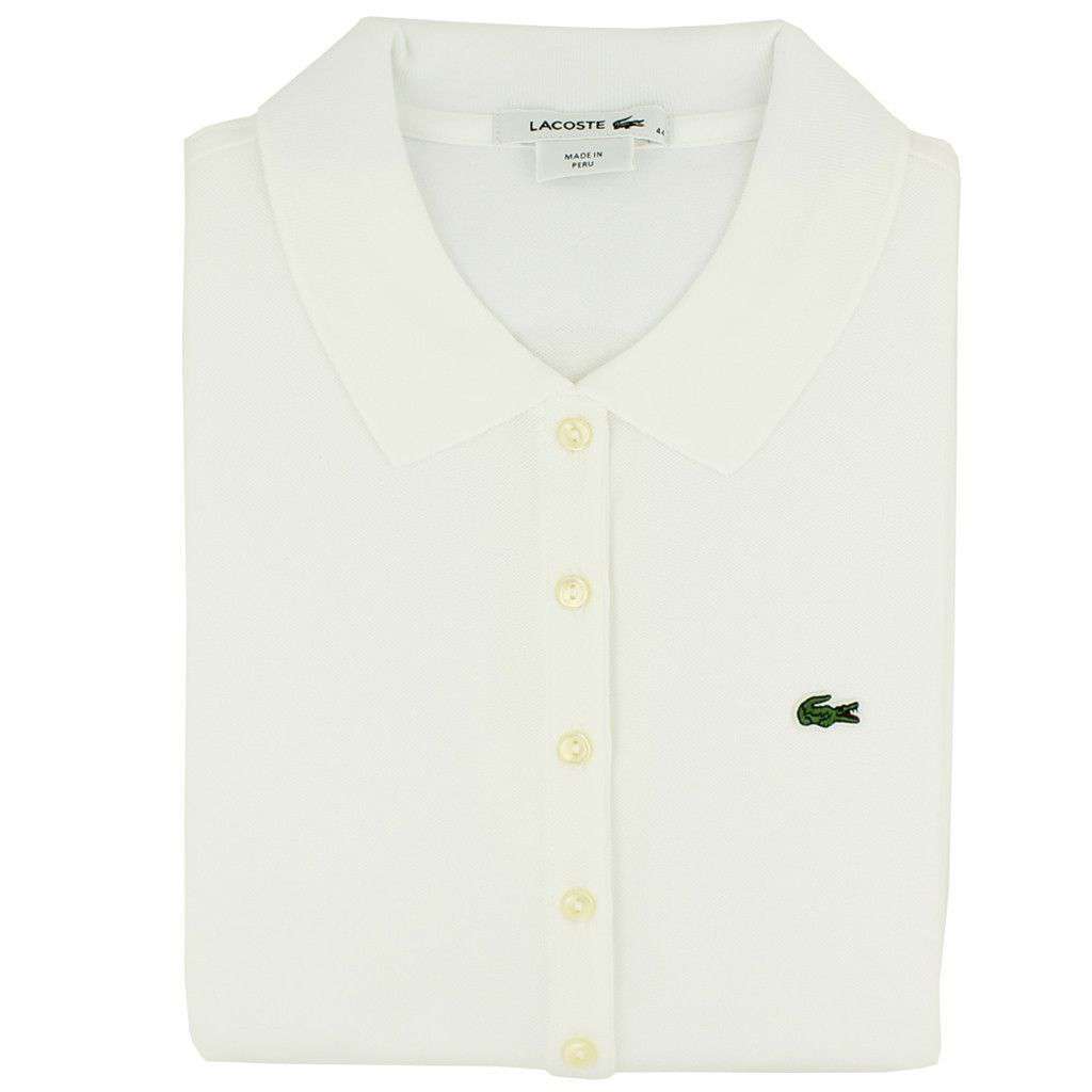 Women's Short Sleeve Classic 5-Button Pique Polo in White by Lacoste - Country Club Prep