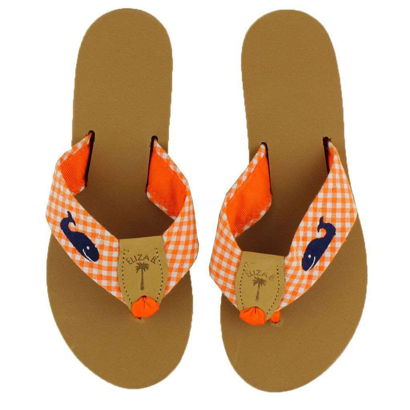 Fabric Sandal in Orange and White Gingham with Navy Embroidered Whale by Eliza B. - Country Club Prep