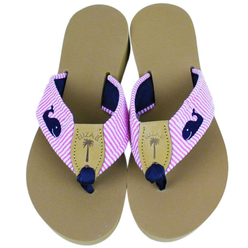 Fabric Sandal in Pink Seersucker with Navy Embroidered Whales by Eliza B. - Country Club Prep