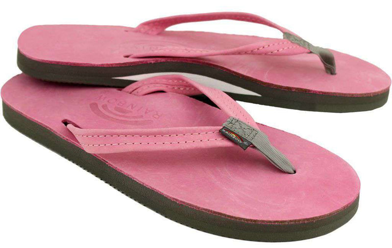 Women's Thin Strap Premier Leather Single Arch Sandal in Pink with Grey Trim by Rainbow Sandals - Country Club Prep