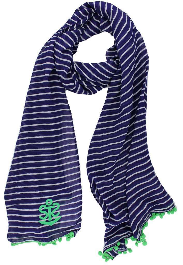 The Brenton Stripe Anchor Pareo Wrap in Navy with Green Stripes by Sperry - Country Club Prep