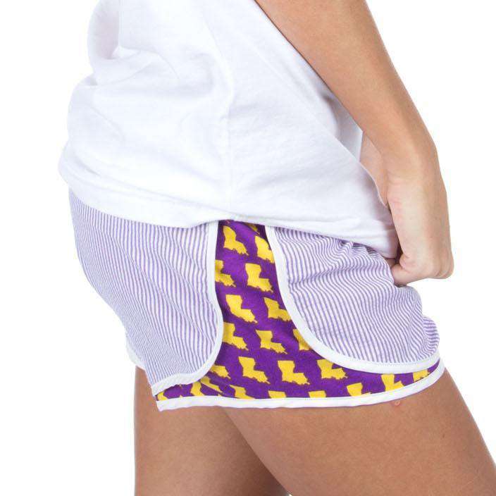 Louisiana Seersucker Shorties in Purple/Gold by Lauren James - Country Club Prep