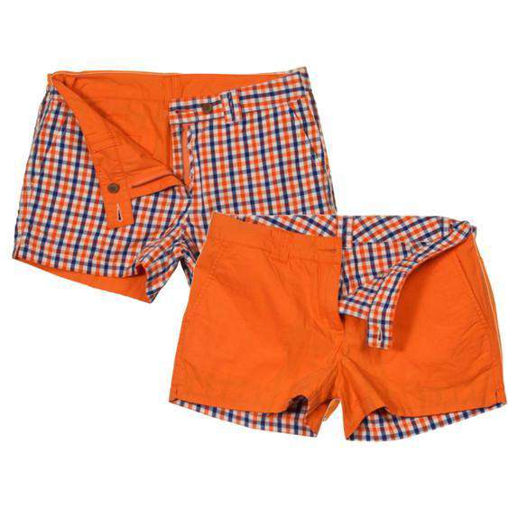 Reversible Women's Shorts in Orange and Navy Madras and Solid by Olde School Brand - Country Club Prep