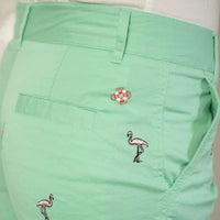 Sailing Short in Palm Green with Embroidered Pink Flamingo by Castaway Clothing - Country Club Prep