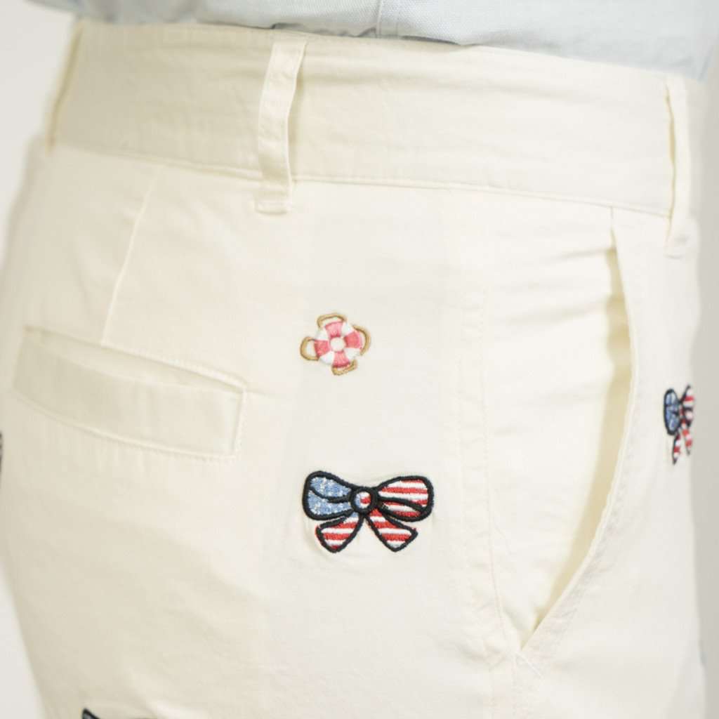 Sailing Short in White with Embroidered American Flag Bow by Castaway Clothing - Country Club Prep
