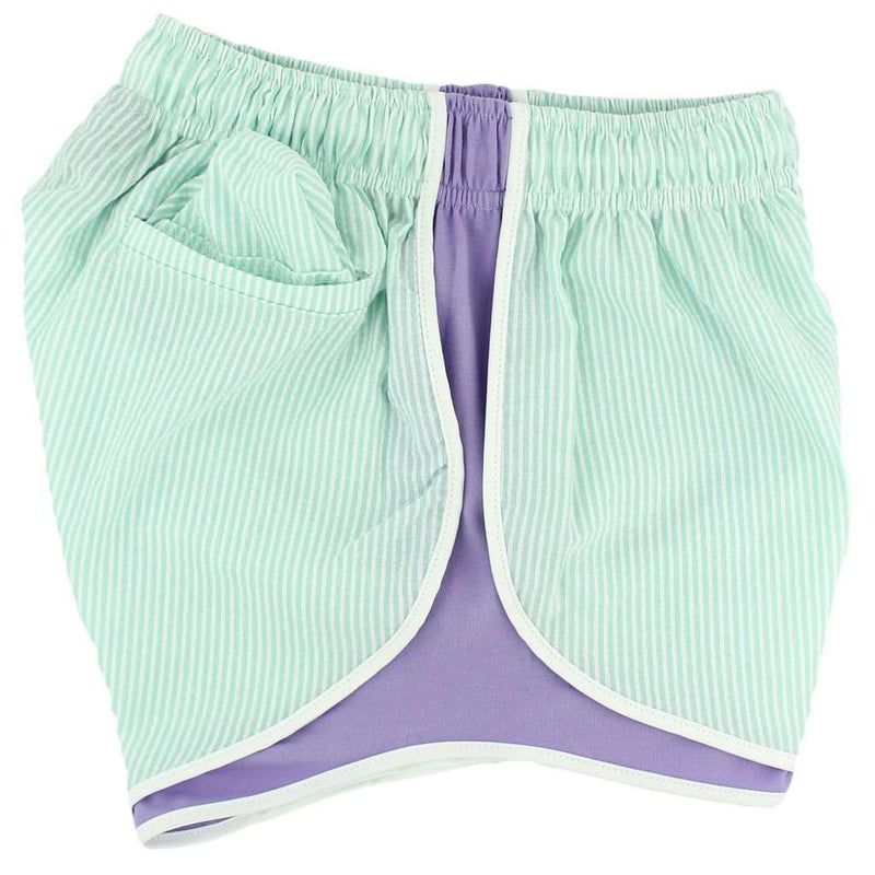 Shorties Shorts in Mint Seersucker with Lavender Panel by Lauren James - Country Club Prep