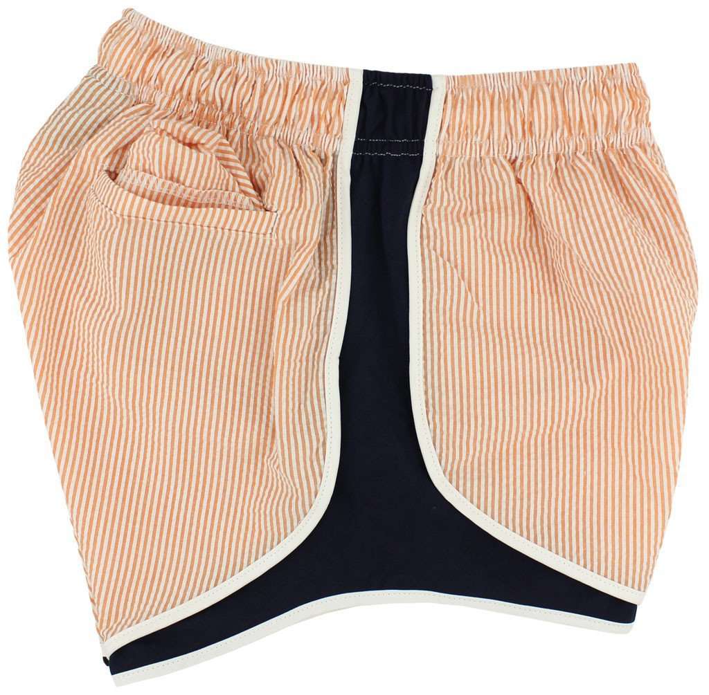Shorties Shorts in Orange Seersucker with Navy Panel by Lauren James - Country Club Prep