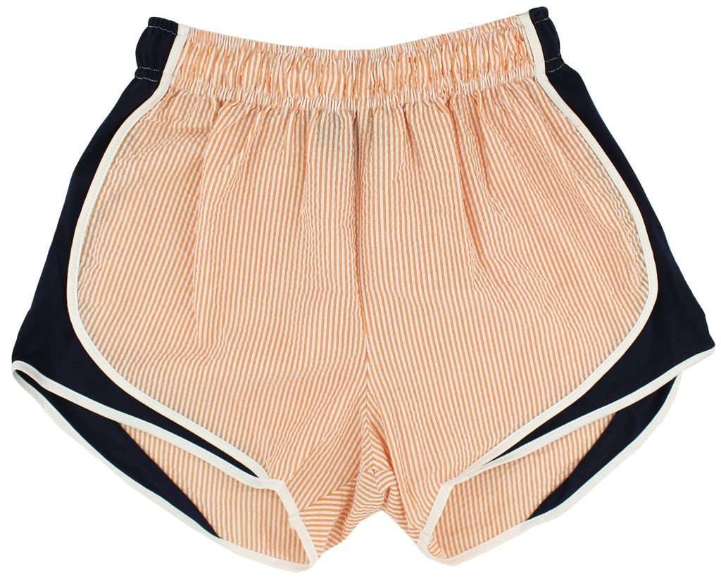 Shorties Shorts in Orange Seersucker with Navy Panel by Lauren James - Country Club Prep