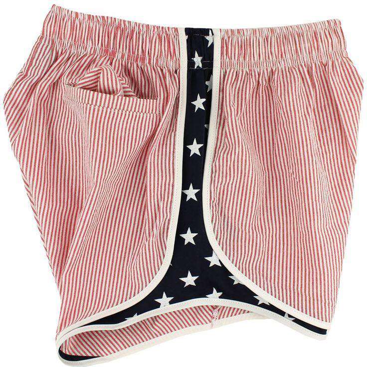Shorties Shorts in Red Seersucker with Patriotic Navy Panel by Lauren James - Country Club Prep