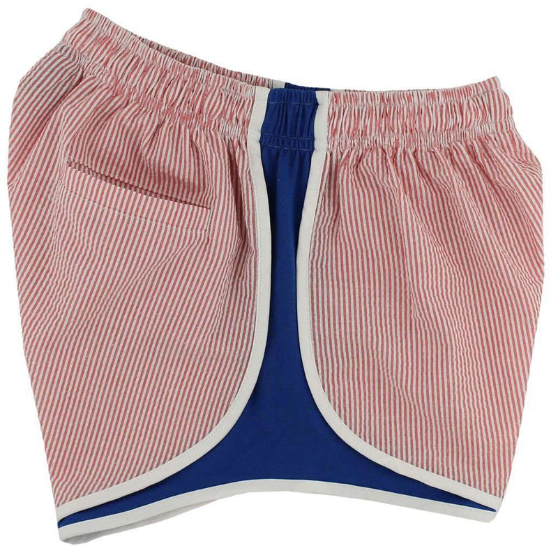 Shorties Shorts in Red Seersucker with Royal Panel by Lauren James - Country Club Prep