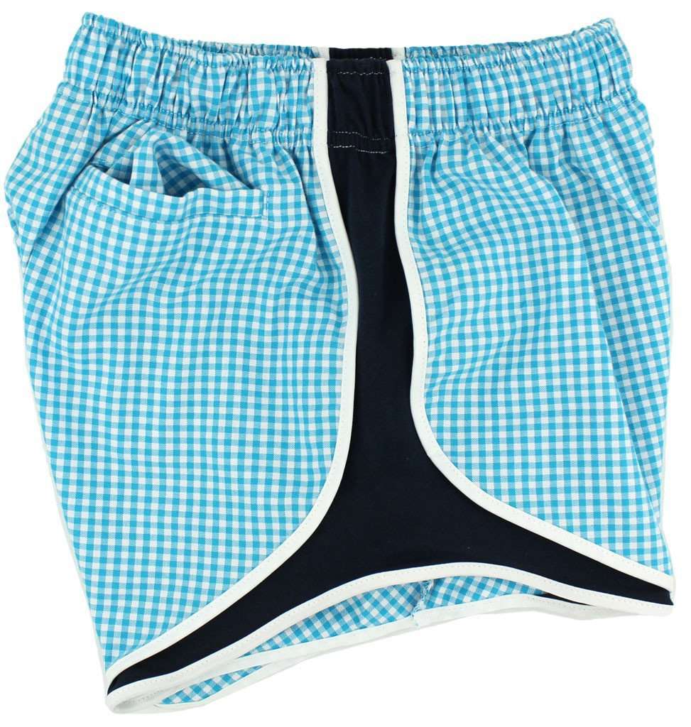 Shorties Shorts in Turquoise Gingham with Navy Panel by Lauren James - Country Club Prep