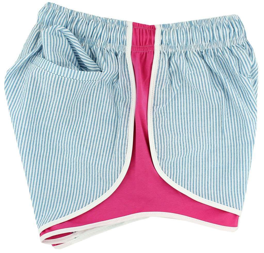 Shorties Shorts in Turquoise Seersucker with Pink Panel by Lauren James - Country Club Prep