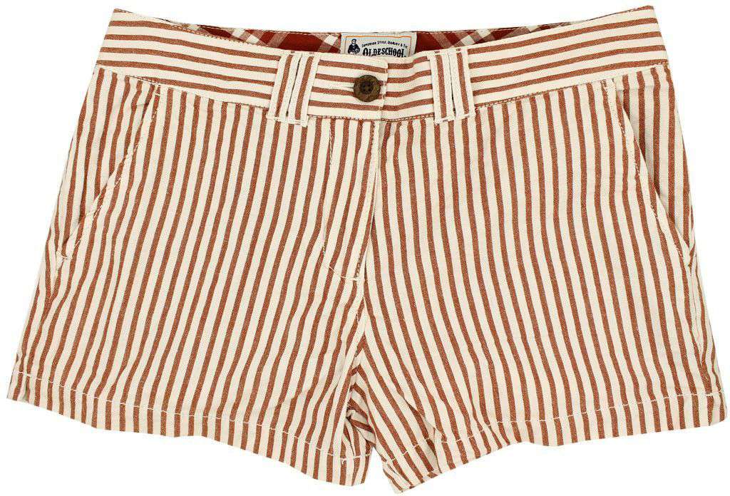 Women's Shorts in White and Burnt Orange Seersucker by Olde School Brand - Country Club Prep