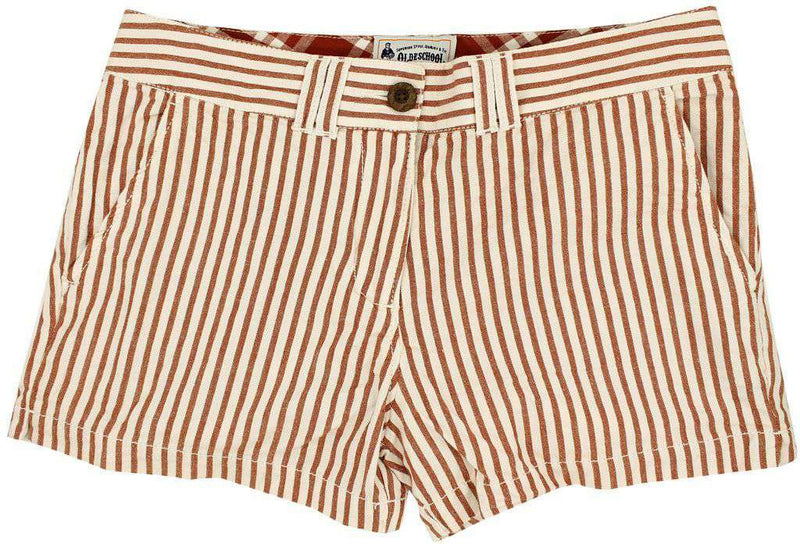 Women's Shorts in White and Burnt Orange Seersucker by Olde School Brand - Country Club Prep