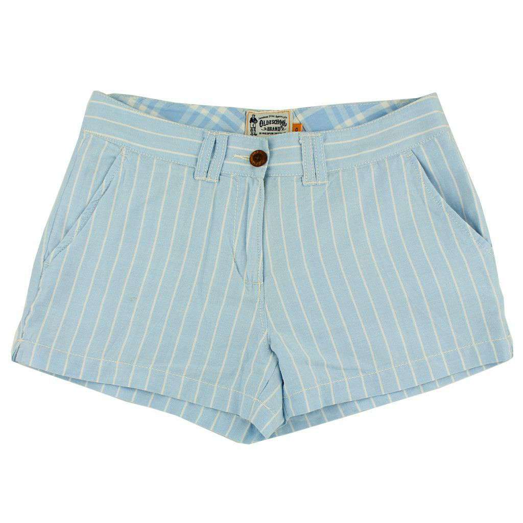 Women's Shorts in White and Carolina Blue Oxford Stripe by Olde School Brand - Country Club Prep