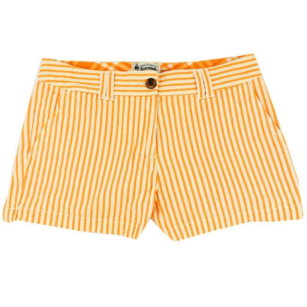 Women's Shorts in White and Orange Seersucker by Olde School Brand - Country Club Prep