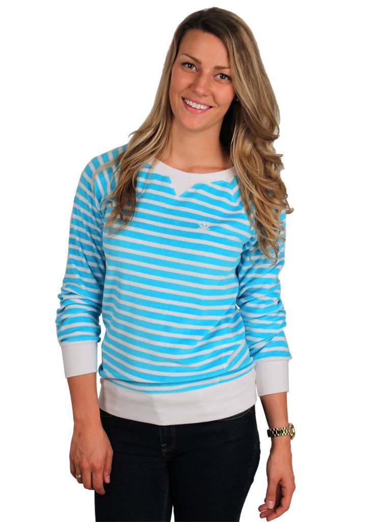 Long Sleeve Terry Sweatshirt in Aqua and White Stripes by Boast - Country Club Prep