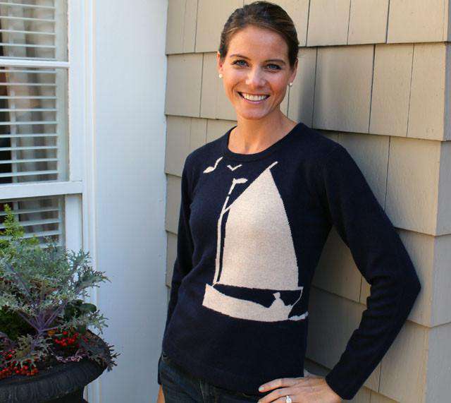 Sail Away Cashmere Crewneck Sweater in Navy and Beige by Cortland Park - Country Club Prep