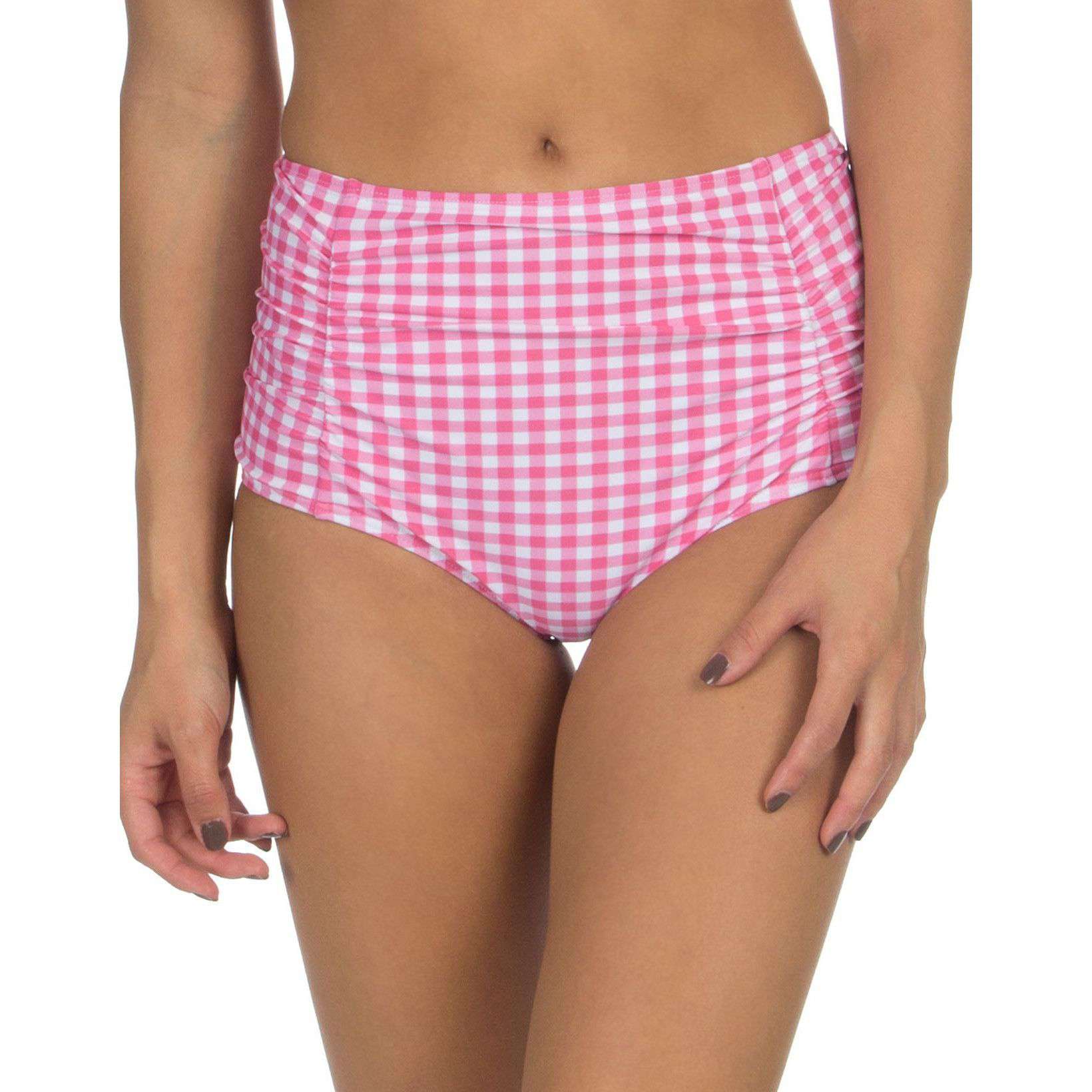 Gingham High-Waisted Bikini Bottom in Pink by Lauren James - Country Club Prep