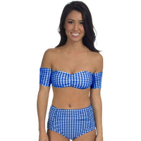 Gingham Off-The-Shoulder Bandeau Bikini Top in Navy by Lauren James - Country Club Prep