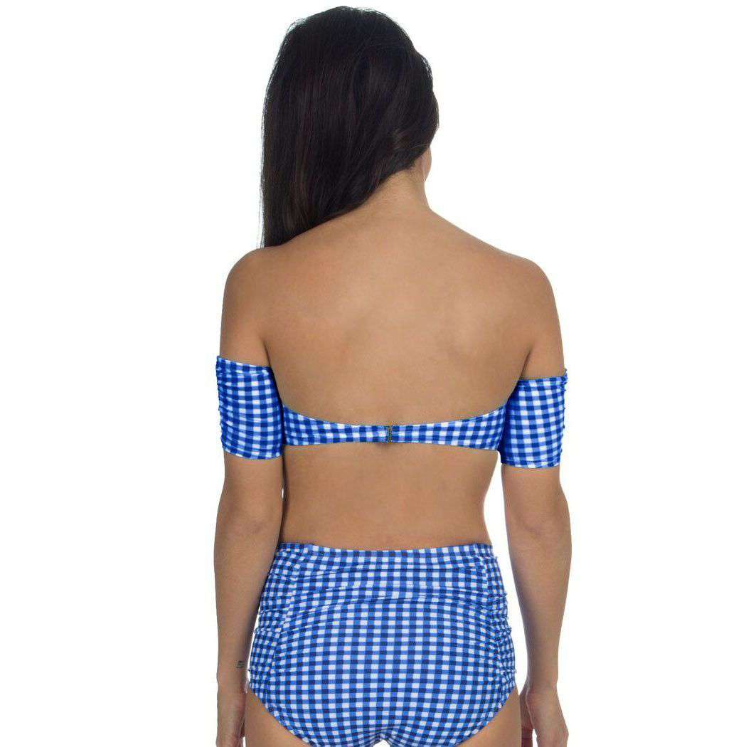 Gingham Off-The-Shoulder Bandeau Bikini Top in Navy by Lauren James - Country Club Prep