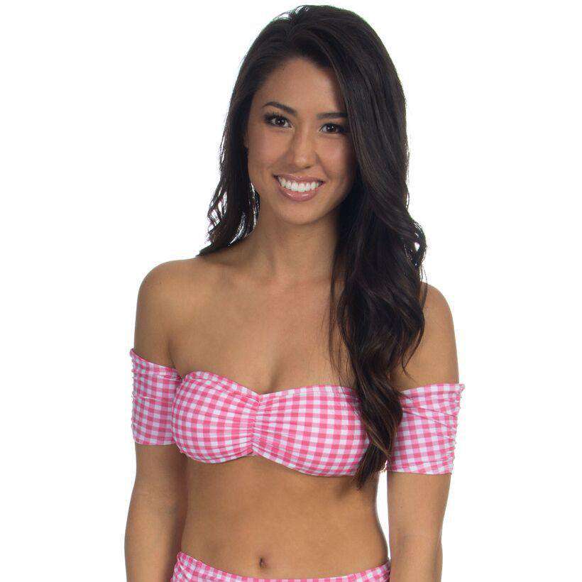 Gingham Off-The-Shoulder Bandeau Bikini Top in Pink by Lauren James - Country Club Prep